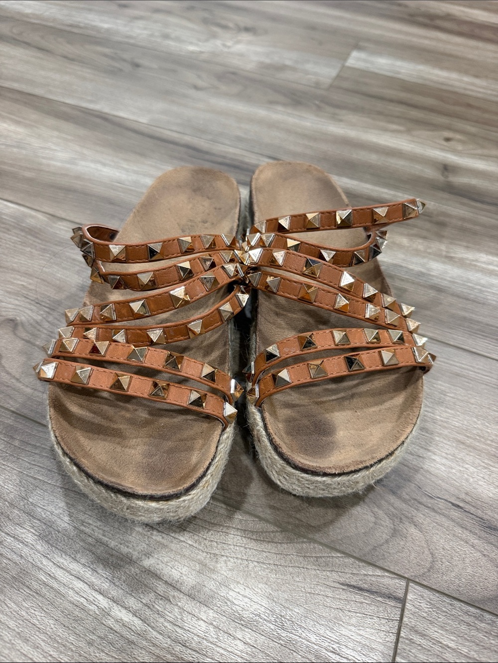 Olivia Miller Tan Studded Espadrille Slide Sandals